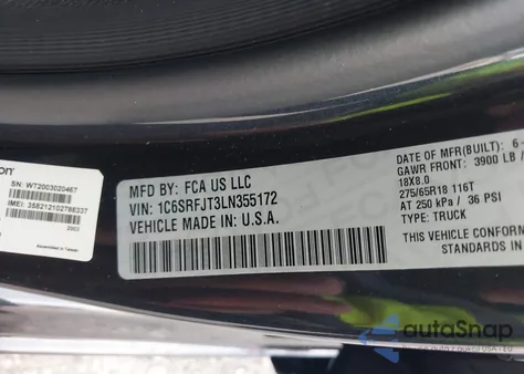 2020 Ram 1500 Laramie 4X4 5'7 Box from USA, damaged, VIN 1C6SRFJT3LN355172
